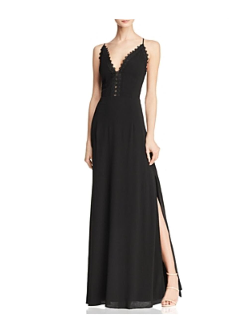 AQUA Backless Lace Trim Long A-Line Evening Gown Black Size 6 Medium Dress